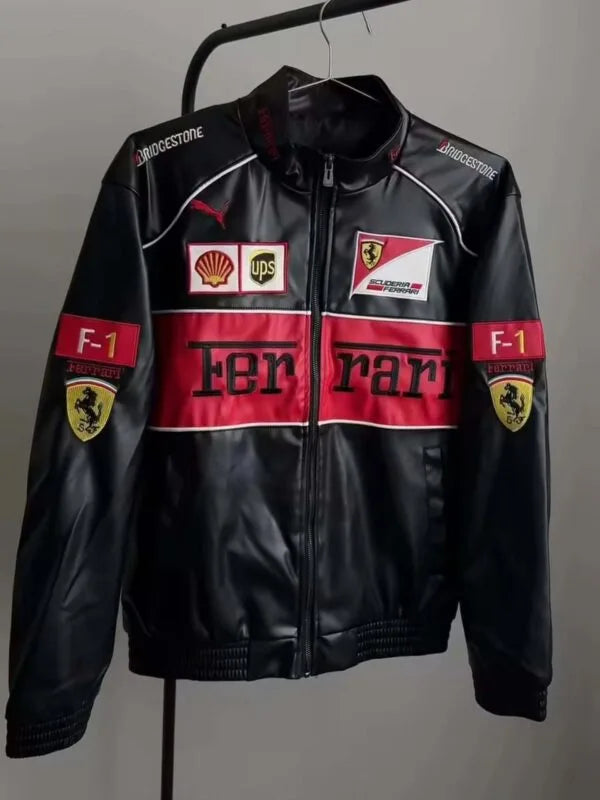 Black Red Unisex Ferrari Leather Jacket