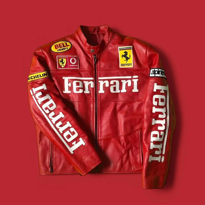 Unisex Red Leather Ferrari Jacket – Vintage Red F1 Racing