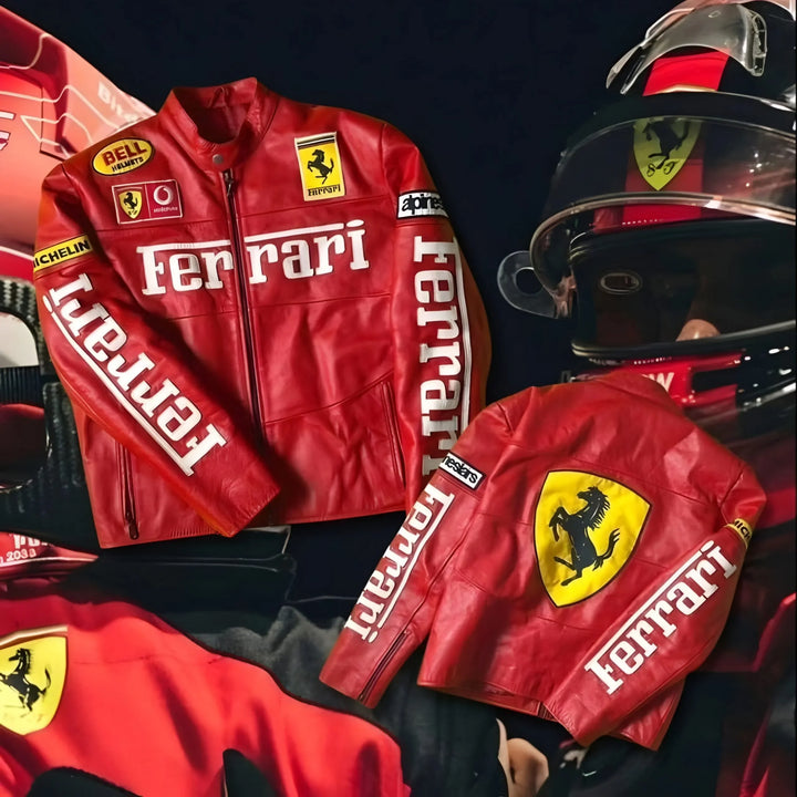 Unisex Red Leather Ferrari Jacket – Vintage Red F1 Racing